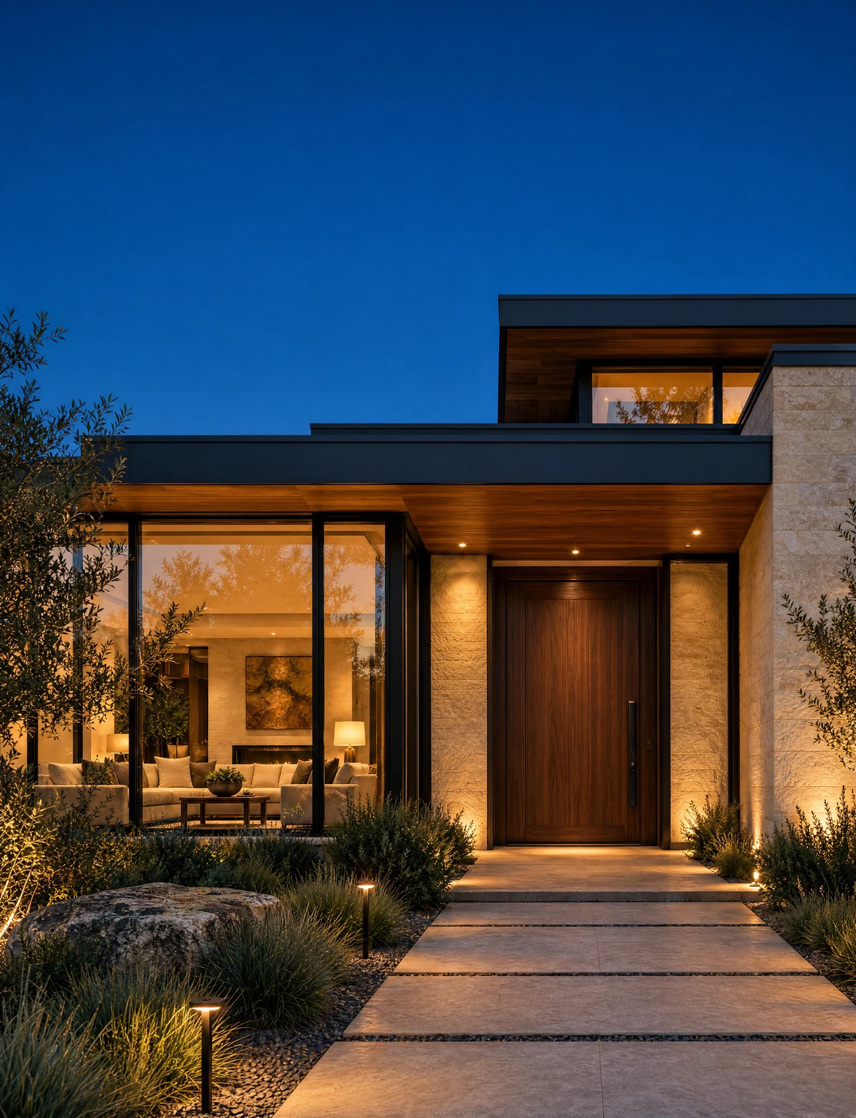 A modern home with a warmly lit entry and a welcoming path at dusk