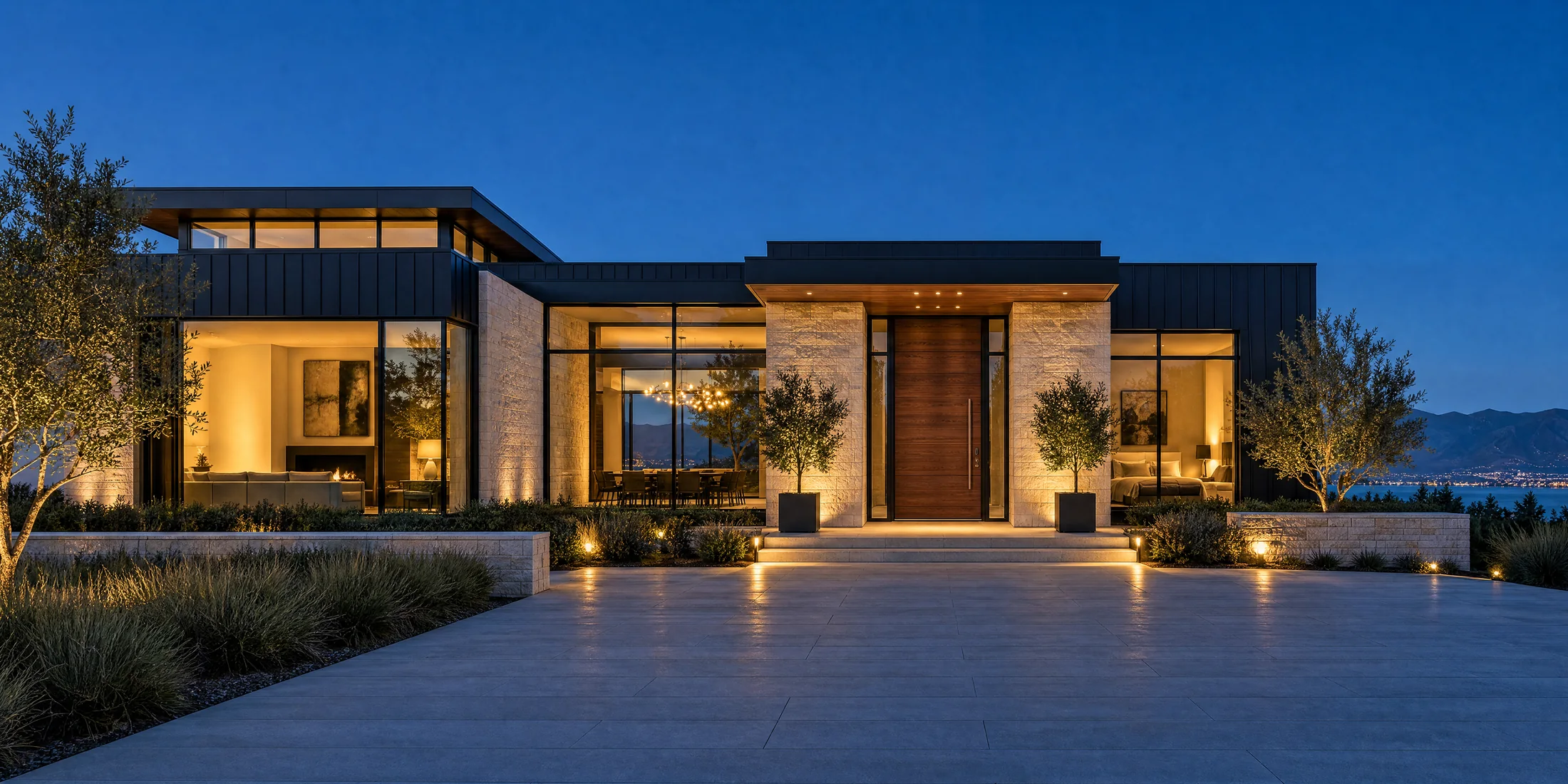 Modern home and landscaped entry
