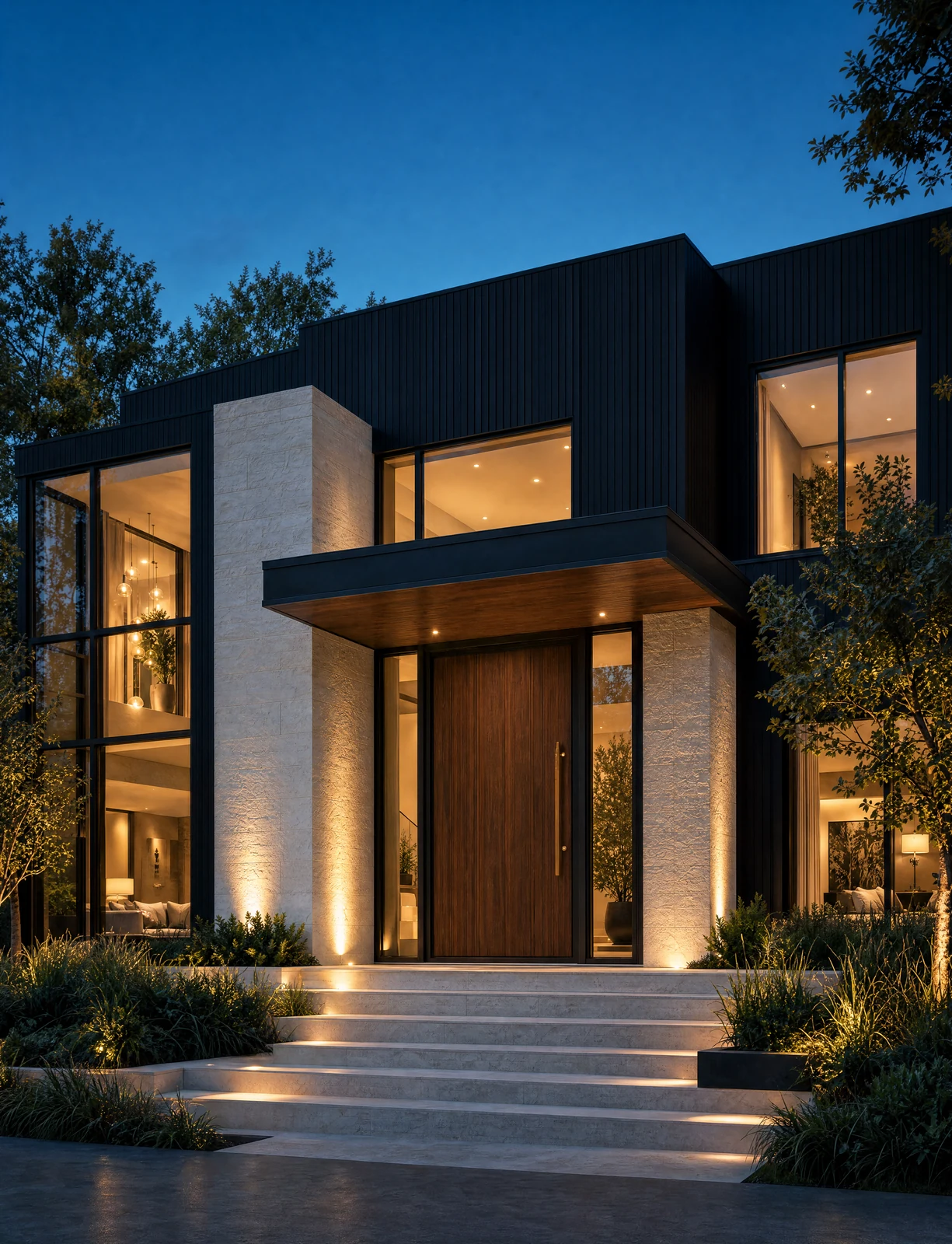 A modern luxury home with warm windows against the evening sky